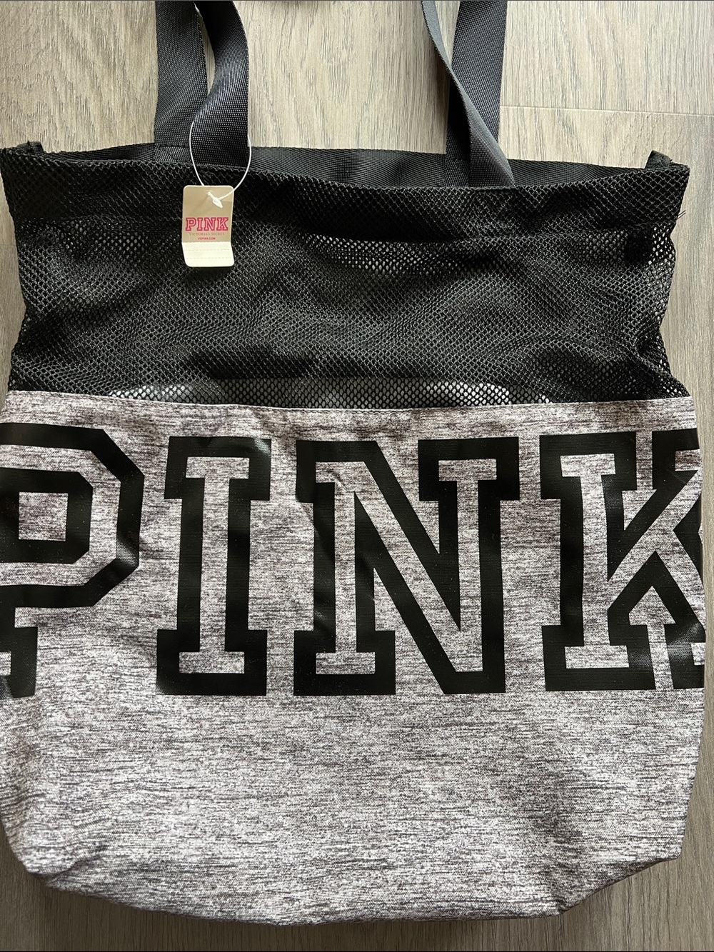 NWT PINK Victoria's Secret Grey & Black Mesh Logo Tote - Picture 3 of 5
